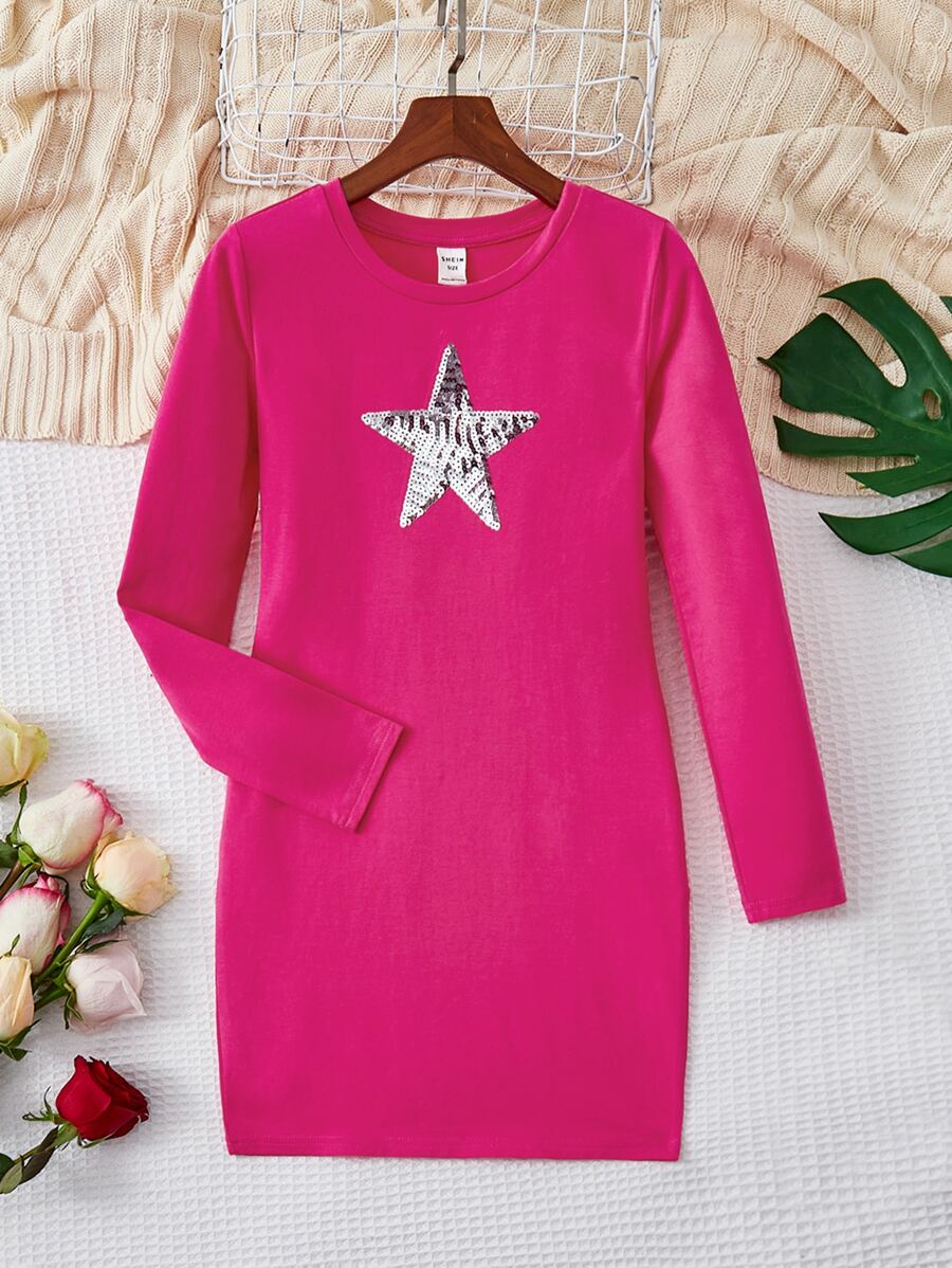 SHEIN Girls Star Pattern Sequin Dress - Hot Pink - View 1