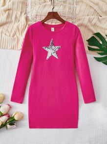SHEIN Girls Star Pattern Sequin Dress - Hot Pink - View 5