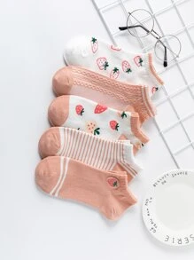 5雙草莓圖案短襪 - 彩色 - 查看 1