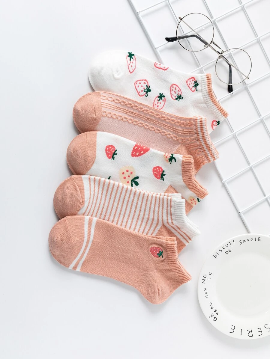 5雙草莓圖案短襪 - 彩色 - 查看 1