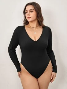 SHEIN BASICS Plus Solid Tee Bodysuit - Black - View 3