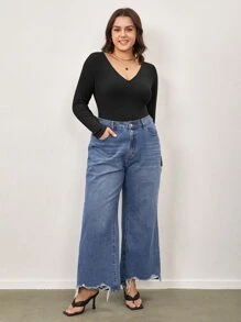 SHEIN BASICS Plus Solid Tee Bodysuit - Black - View 5