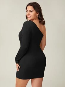 SHEIN BASICS Plus One Shoulder Bodycon Dress - Black - View 2