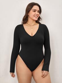 SHEIN BASICS Plus Solid Tee Bodysuit - Black - View 6