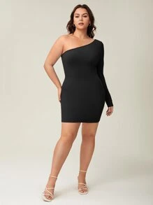 SHEIN BASICS Plus One Shoulder Bodycon Dress - Black - View 3