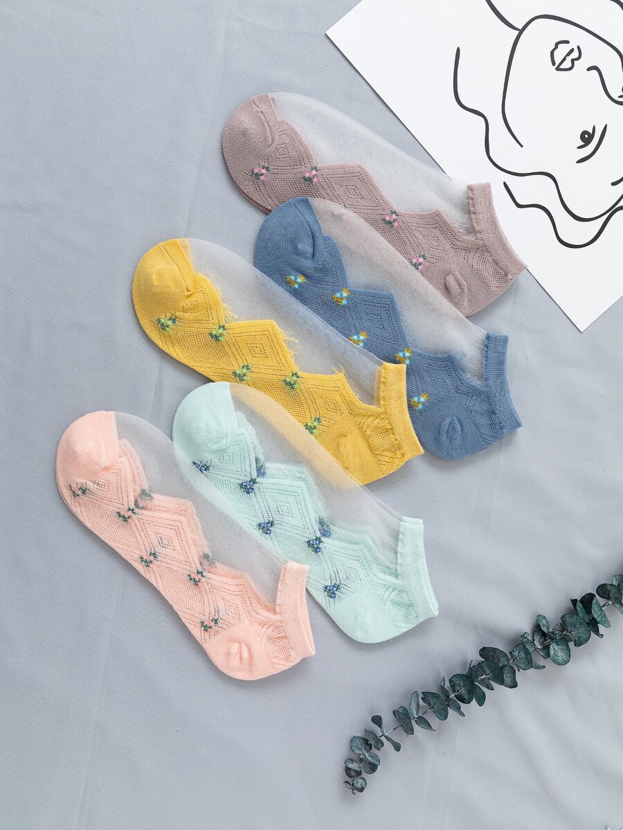 5雙花卉圖案短襪 - 彩色 - 查看 1
