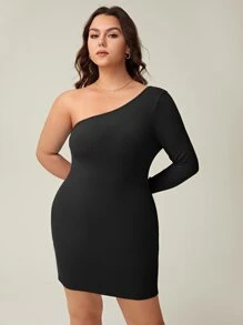 SHEIN BASICS Plus One Shoulder Bodycon Dress - Black - View 4