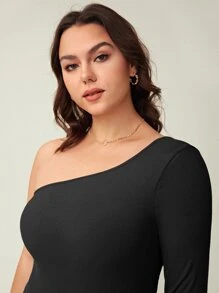 SHEIN BASICS Plus One Shoulder Bodycon Dress - Black - View 5