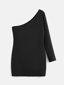 SHEIN BASICS Plus One Shoulder Bodycon Dress - Black - View 7