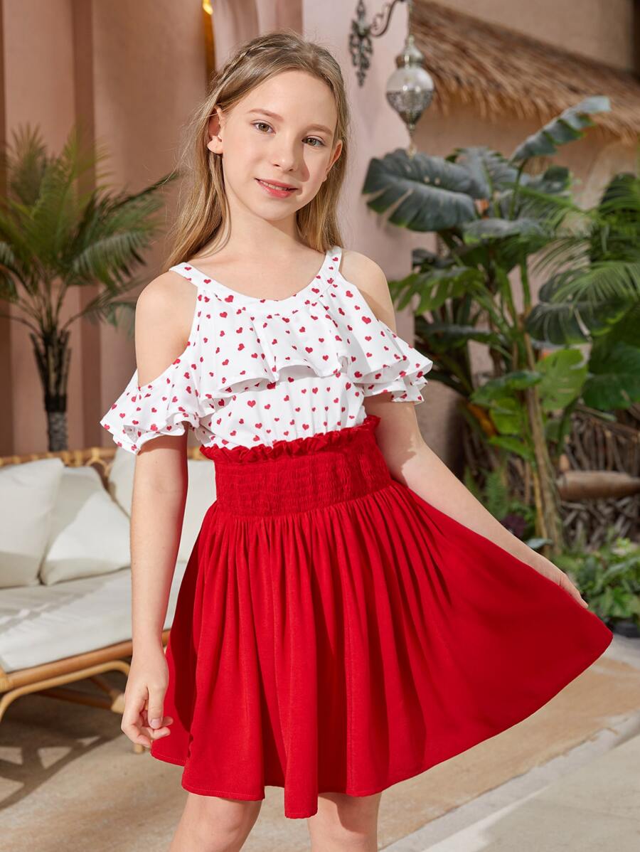 SHEIN Girls Heart Print Cold Shoulder Dress - Red and White - View 1