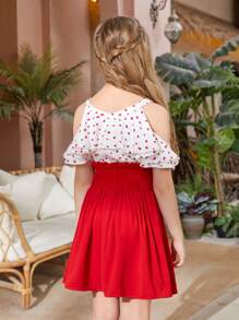 SHEIN Girls Heart Print Cold Shoulder Dress - Red and White - View 2
