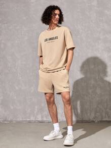 Manfinity VCAY 1pc Loose Letter Graphic Drop Shoulder T-Shirt - Apricot - View 3