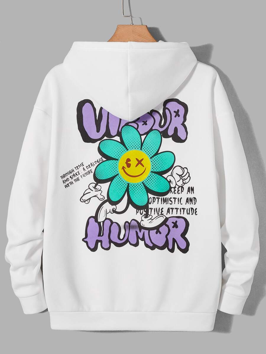 Manfinity VCAY 寬鬆男士花卉與口號印花帽衫 - 白色 - 查看 1