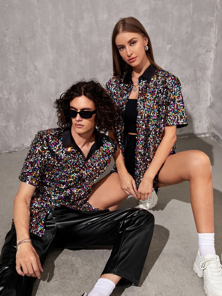 SWAVVY Áo sơ mi Nam Nút phía trước Tương phản ren ghép mộng kim sa Tất cả trên in Boho - Nhiều màu - Xem 1