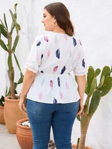 SHEIN LUNE Plus Feather Print Contrast Guipure Lace Blouse - White - View 2