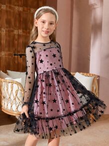 SHEIN Girls Star Print Mesh Overlay Dress - Multicolor - View 1