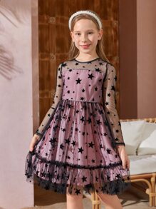 SHEIN Girls Star Print Mesh Overlay Dress - Multicolor - View 3