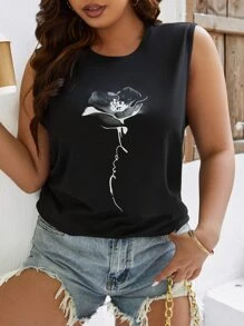 SHEIN LUNE Plus Floral Print Tank Top - Black - View 1