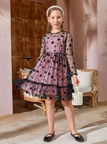 SHEIN Girls Star Print Mesh Overlay Dress - Multicolor - View 4