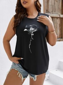 SHEIN LUNE Plus Floral Print Tank Top - Black - View 3