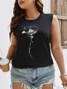 SHEIN LUNE Plus Floral Print Tank Top - Black - View 4
