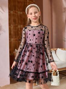SHEIN Girls Star Print Mesh Overlay Dress - Multicolor - View 5