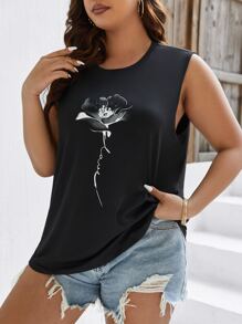 SHEIN LUNE Plus Floral Print Tank Top - Black - View 6