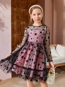 SHEIN Girls Star Print Mesh Overlay Dress - Multicolor - View 6