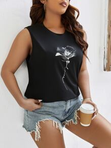 SHEIN LUNE Plus Floral Print Tank Top - Black - View 7