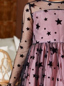 SHEIN Girls Star Print Mesh Overlay Dress - Multicolor - View 7