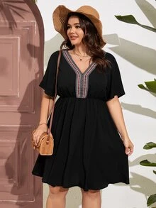 SHEIN LUNE Vestido panel con cinta geométrica sin cinturón - Negro - Ver 3