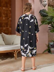 SHEIN Girls Crane Print Drop Shoulder Kimono - Multicolor - View 2