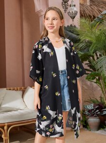SHEIN Girls Crane Print Drop Shoulder Kimono - Multicolor - View 3