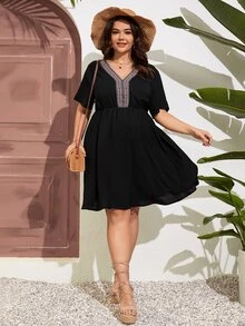 SHEIN LUNE Vestido panel con cinta geométrica sin cinturón - Negro - Ver 6