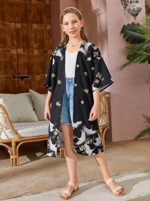 SHEIN Girls Crane Print Drop Shoulder Kimono - Multicolor - View 4