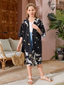 SHEIN Girls Crane Print Drop Shoulder Kimono - Multicolor - View 5