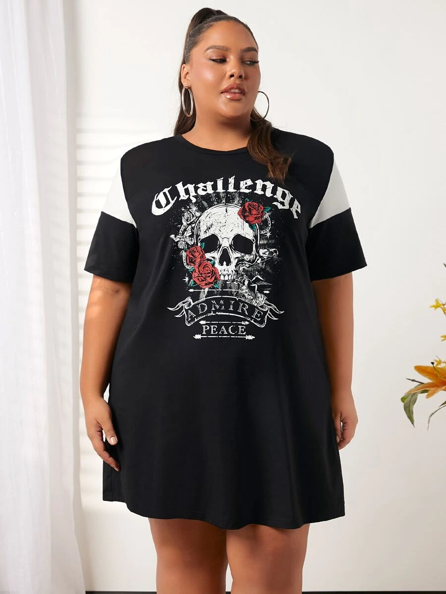 SHEIN CURVE+ Plus Skull & Letter Graphic Tee Dress - Black - View 1