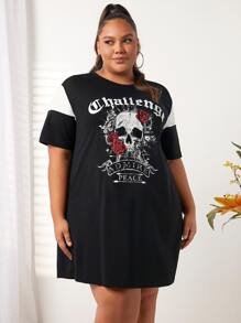 SHEIN CURVE+ Plus Skull & Letter Graphic Tee Dress - Black - View 2