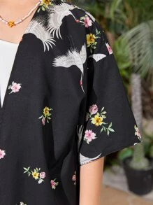 SHEIN Girls Crane Print Drop Shoulder Kimono - Multicolor - View 6