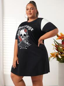 SHEIN CURVE+ Plus Skull & Letter Graphic Tee Dress - Black - View 5