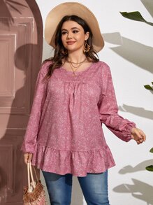 SHEIN LUNE Plus Allover Print Lantern Sleeve Peplum Blouse - Dusty Pink - View 1