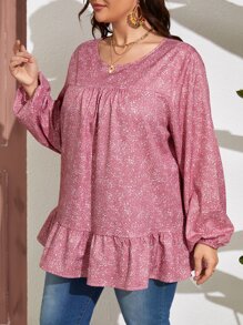 SHEIN LUNE Plus Allover Print Lantern Sleeve Peplum Blouse - Dusty Pink - View 3