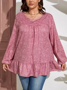 SHEIN LUNE Plus Allover Print Lantern Sleeve Peplum Blouse - Dusty Pink - View 5