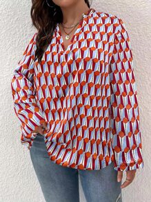 SHEIN LUNE Blusa con estampado geométrico de cuello de muesca - Multicolor - Ver 1