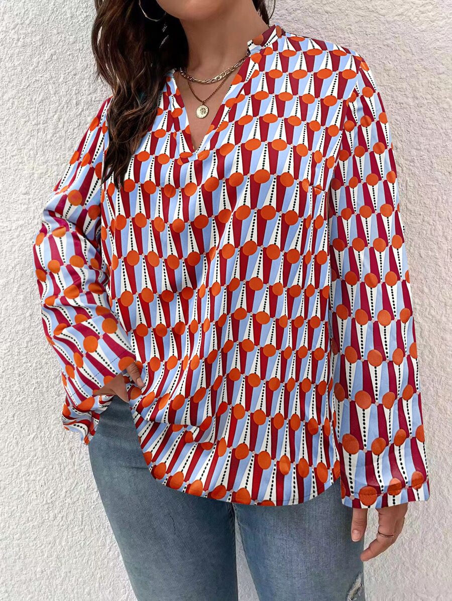 SHEIN LUNE Blusa con estampado geométrico de cuello de muesca - Multicolor - Ver 1