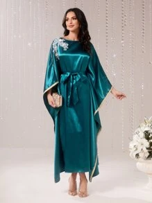 Modelyn Applique Detail Batwing Sleeve Belted Dress Kaftan Jalabiya Dress - Teal Blue - View 2