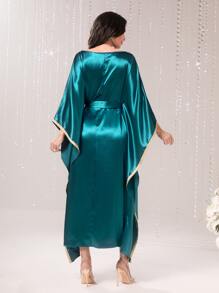 Modelyn Applique Detail Batwing Sleeve Belted Dress Kaftan Jalabiya Dress - Teal Blue - View 3