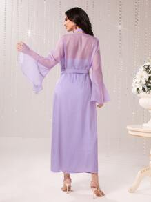 Modelyn 腰帶荷葉袖歐根紗外套和掛脖洋裝