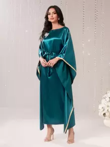 Modelyn Applique Detail Batwing Sleeve Belted Dress Kaftan Jalabiya Dress - Teal Blue - View 1