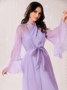 Modelyn 腰帶荷葉袖歐根紗外套和掛脖洋裝